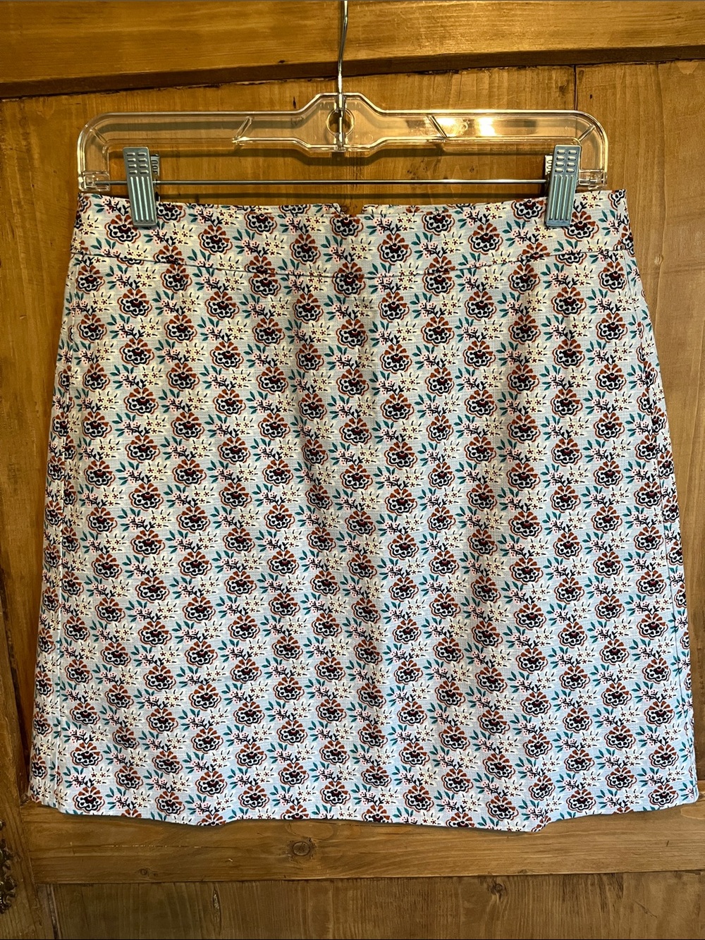 Anthropologie Skirt in Light Blue with Navy, Pink, White & Rust Floral Motif